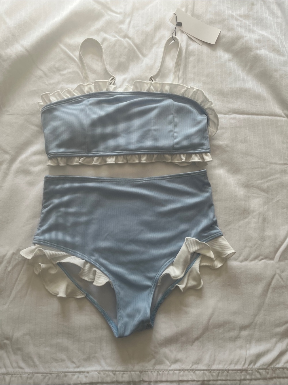 SHEIN Light Blue and White Ruffle High-Waist Bikini Set